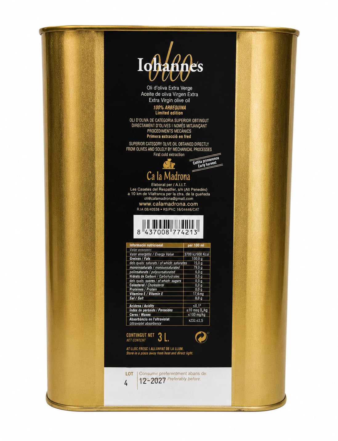 iohannes oleo, aceite de oliva virgen extra premium, aceite para ensaladas, verduras, aceite para el cuidado de la piel (3 litros)