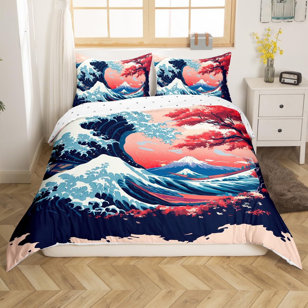 Homemissing Japanese Wave Duvet Cover Set Super King Size For Adults Girls Women Kids Japanese Style Bedding Set Sunset Comforter Cover with 2 Pillowcases Japanese Ukiyoe Bed Sets — image 1