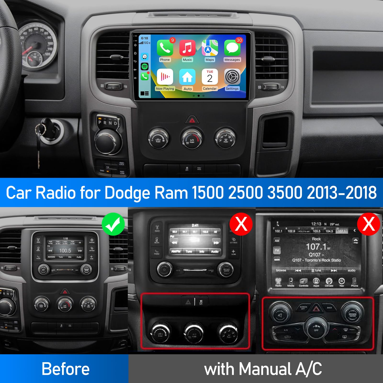 Android 13 Car Stereo For Dodge Ram 2013-2019 – 9-Inch Touchscreen With CarPlay, Android Auto & GPS