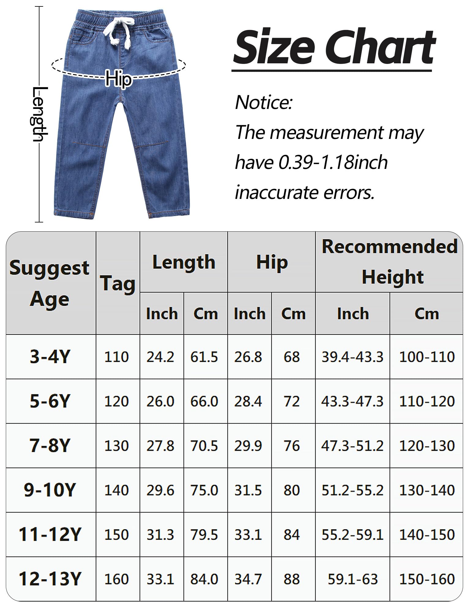 Happy Cherry Pantaloni Lunghi Bambini con Tasche Jeans Denim Stretch Vita Elastica Tuta Moda Casual 3-12 Anni