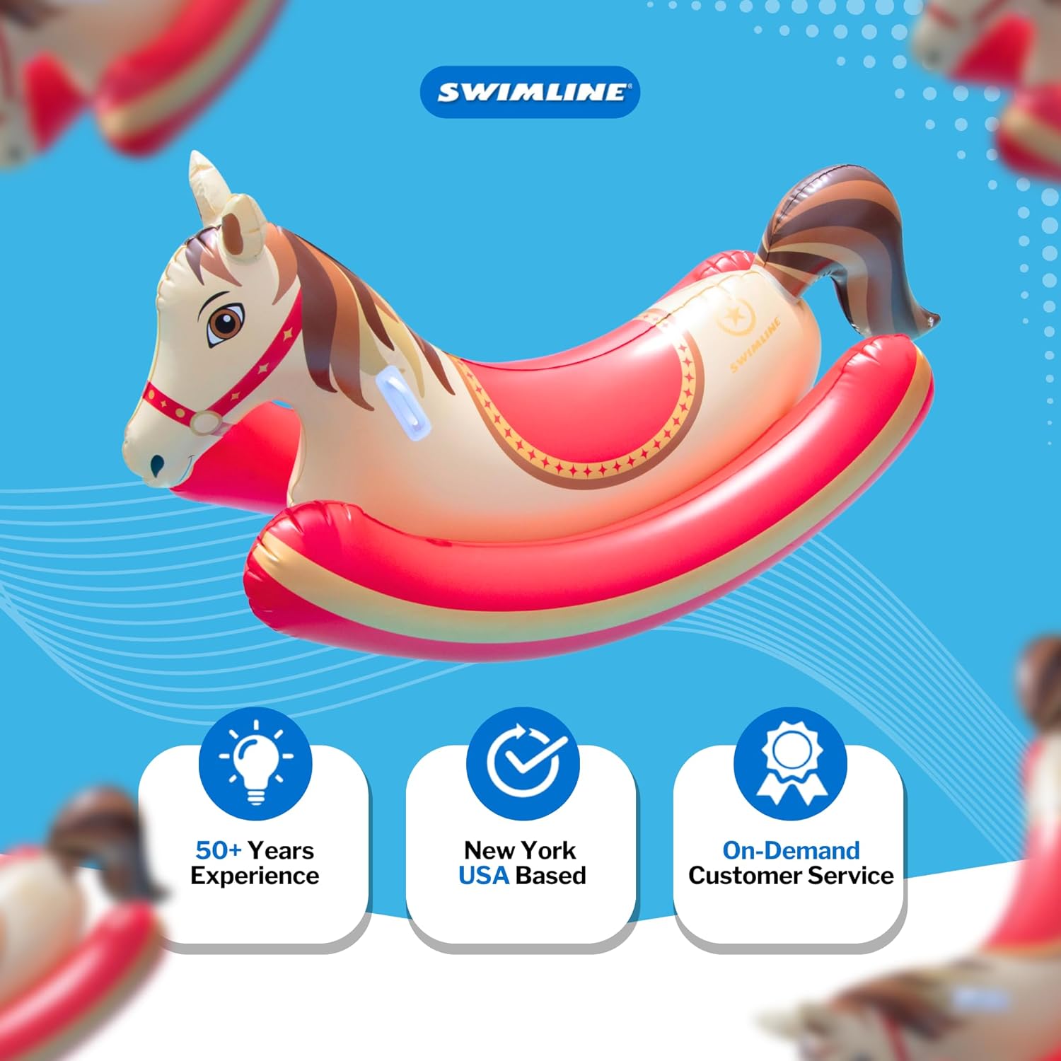 SWIMLINE Inflatable Ride-On Pool Rocker – Heavy-Duty Float with Handles & Side Bolsters for Lake, Beach & Backyard Use, Hobby Horse, Brown & Red, 81"