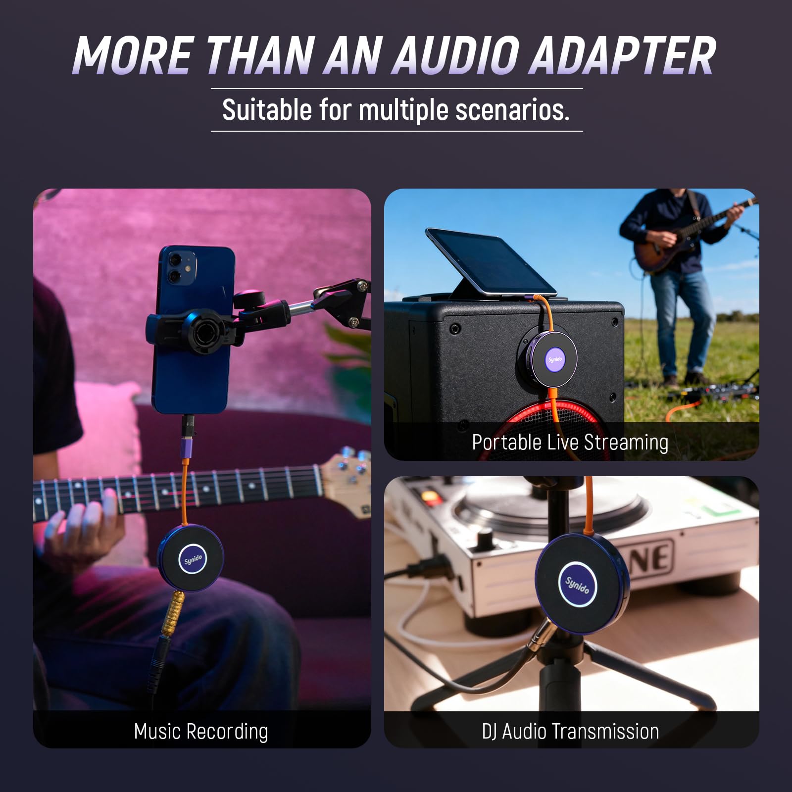 Synido Interfaccia audio portatile per chitarra con USB-C a 24 bit, mini interfaccia 48 kHz per uscita audio DJ, registrazione di musica e streaming live con ingresso strumento e monitoraggio cuffie