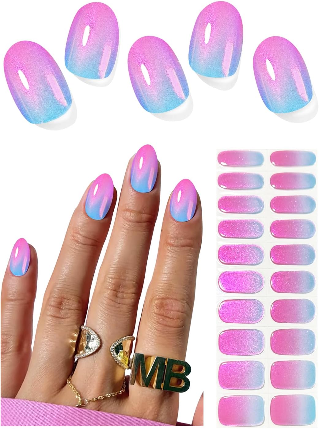 Semi Cured Gel Nail Strips, Chrome Pearch Ombre 20pcs Adhesive UV Sticker, Wraps for Home Manicure DIY
