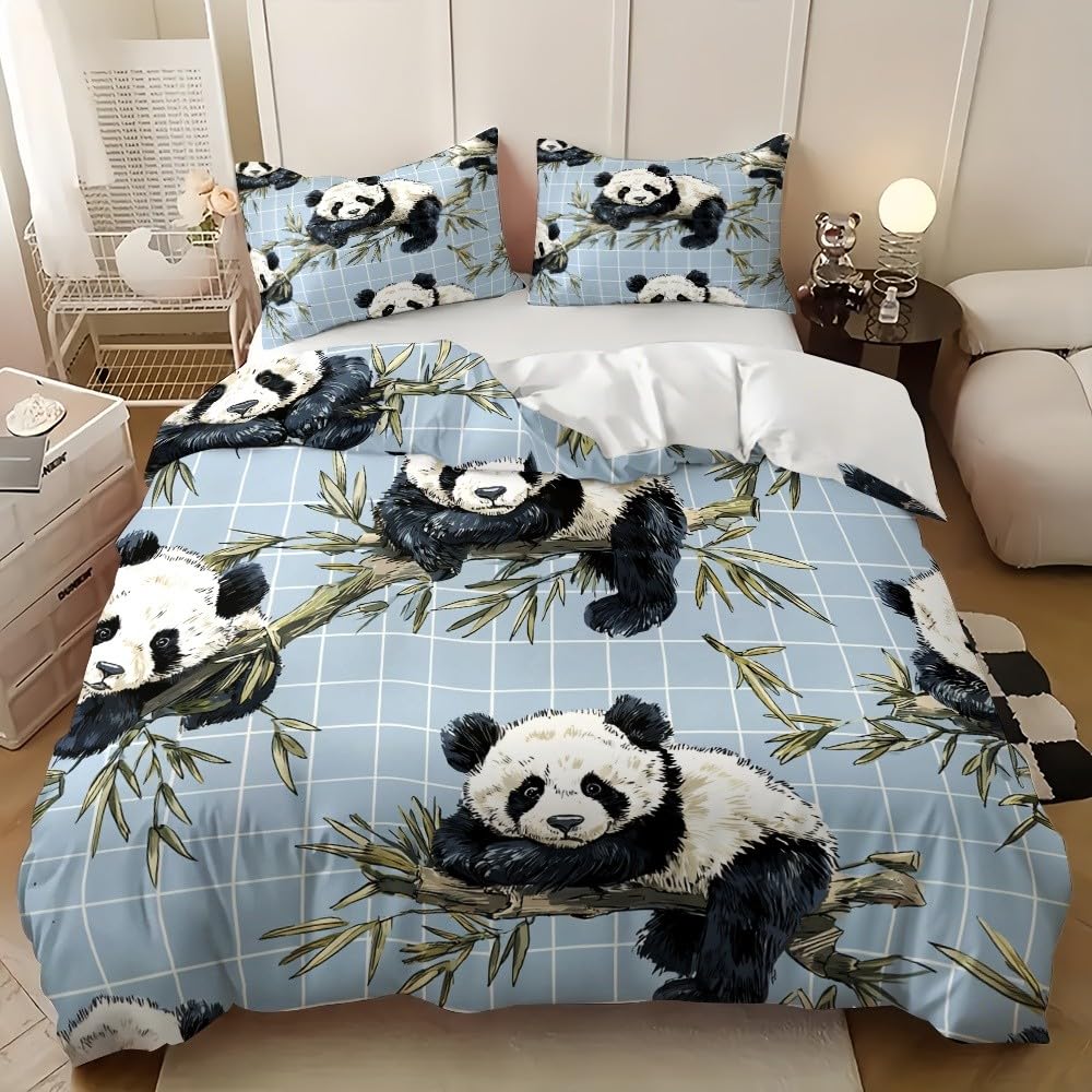 Kreskówka Panda 3-częściowy komplet pościeli z mikrofibry niebieski komplet pościeli poszwa na kołdrę 140 x 200 cm i 2 poszewki na poduszki 65 x 65 cm