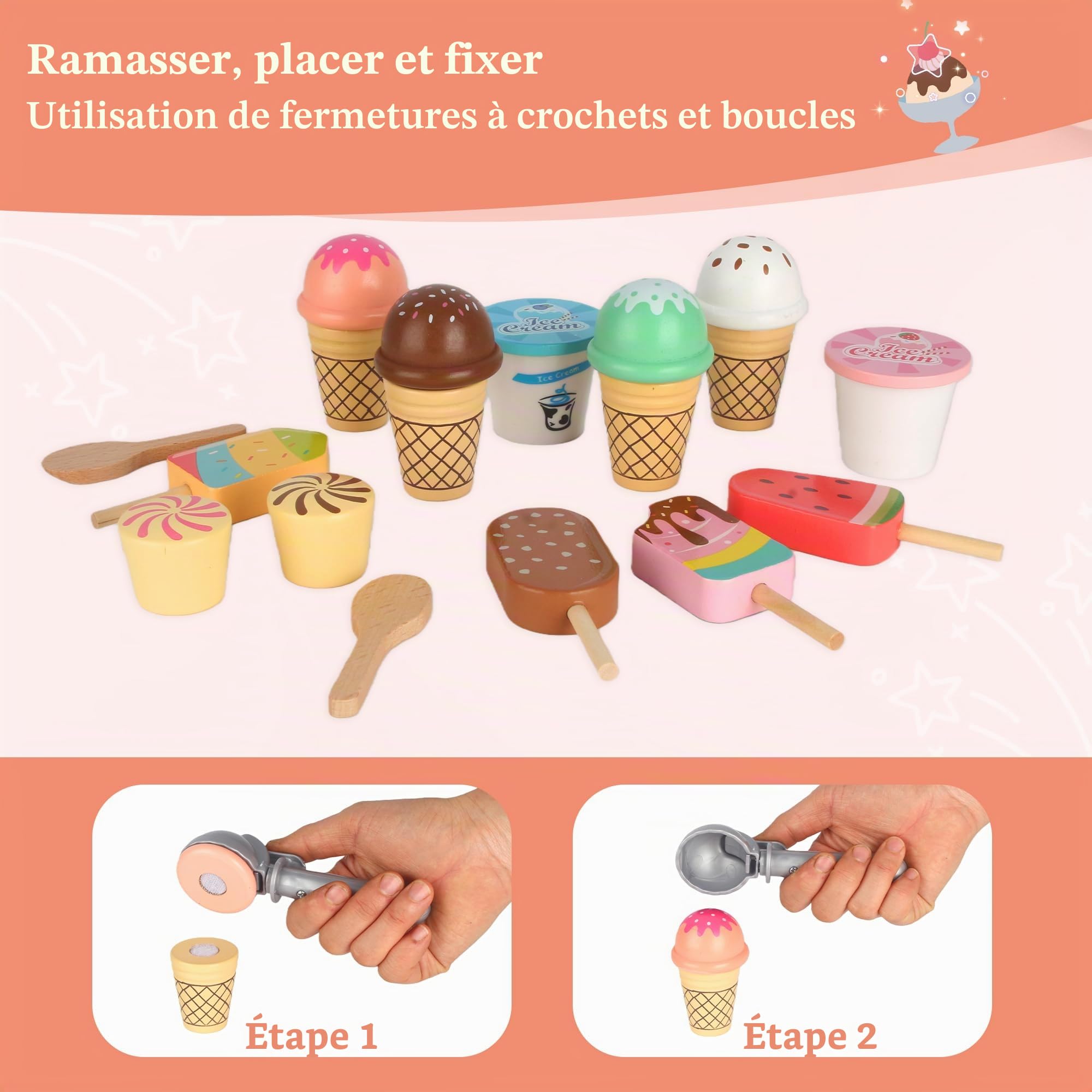 Glacier en Bois pour Enfant avec Comptoir de Glace, Jouet à Crème Glacée Marchande Enfants, Glaciere Jouet de Cuisine Montessori, Jouet en Bois Éducatif pour Jeu de Rôle à Partir de 3 Ans