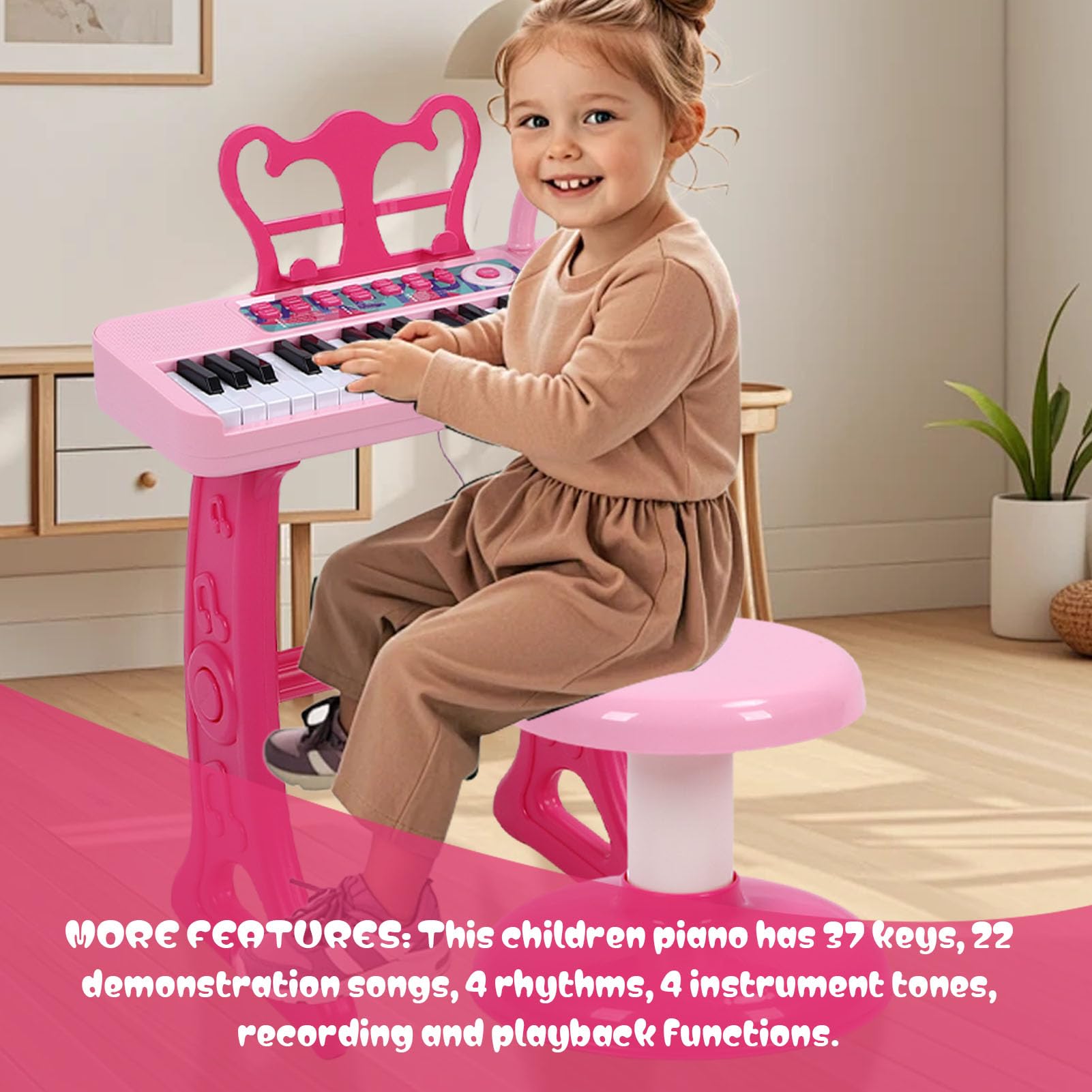 Jiawu 37 Klawiszy Klawiatura Fortepianowa dla Maluchów, 22 Utwory Demonstracyjne 4 Rytmy 4 Brzmienia Instrumentów Elektroniczny Instrument Muzyczny, Pianino dla Dzieci z Mikrofonem Podstawka Pod Nuty