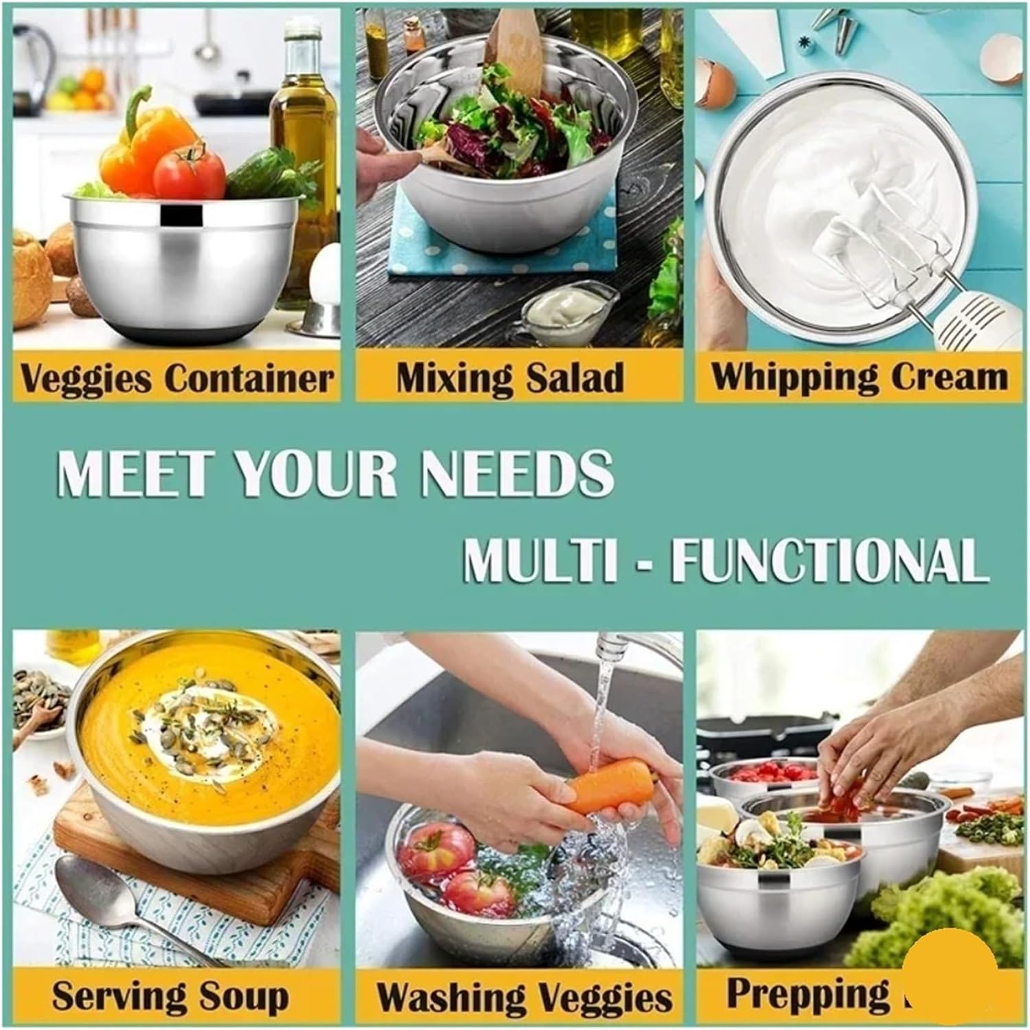 Silicone Bottom Thickened With Lid Cooking Basin Non Slip Salad Mixing Stainless Steel Egg Beating Bowls Kitchen Tools(18 cm black)