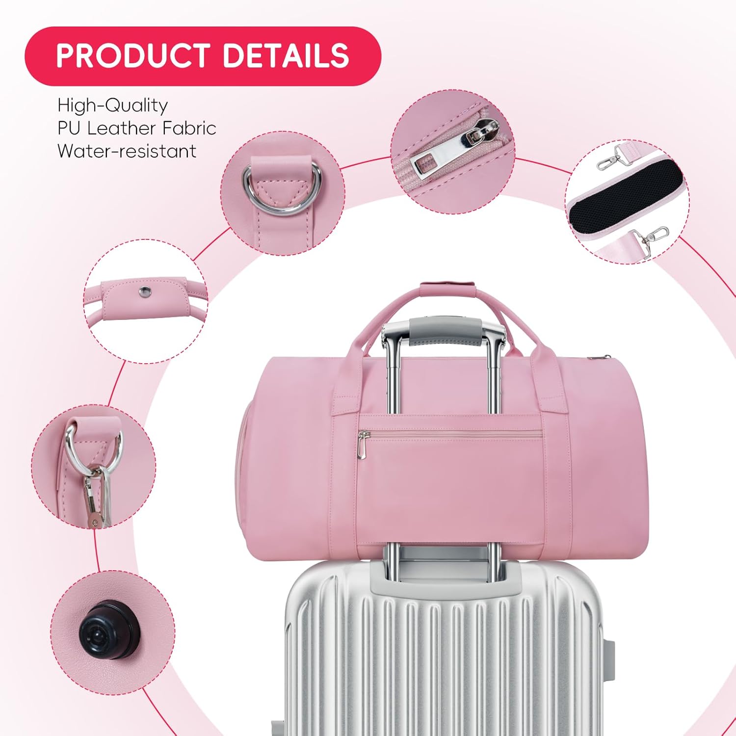 Modoker Leather Garment Bag for Travel – 2-in-1 Carry-On Suit Bag & Weekender for Women – Wedding Dress Luggage with Shoe Compartment & Shoulder Strap – Ideal for Business Trips,Pink - Image 5