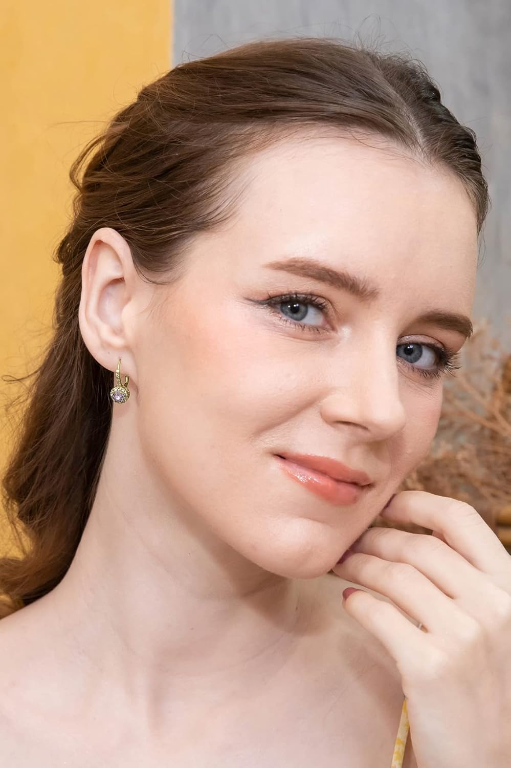 Yellow Gold Flashed Sterling Silver Halo Leverback Drop Earrings created with European Crystals