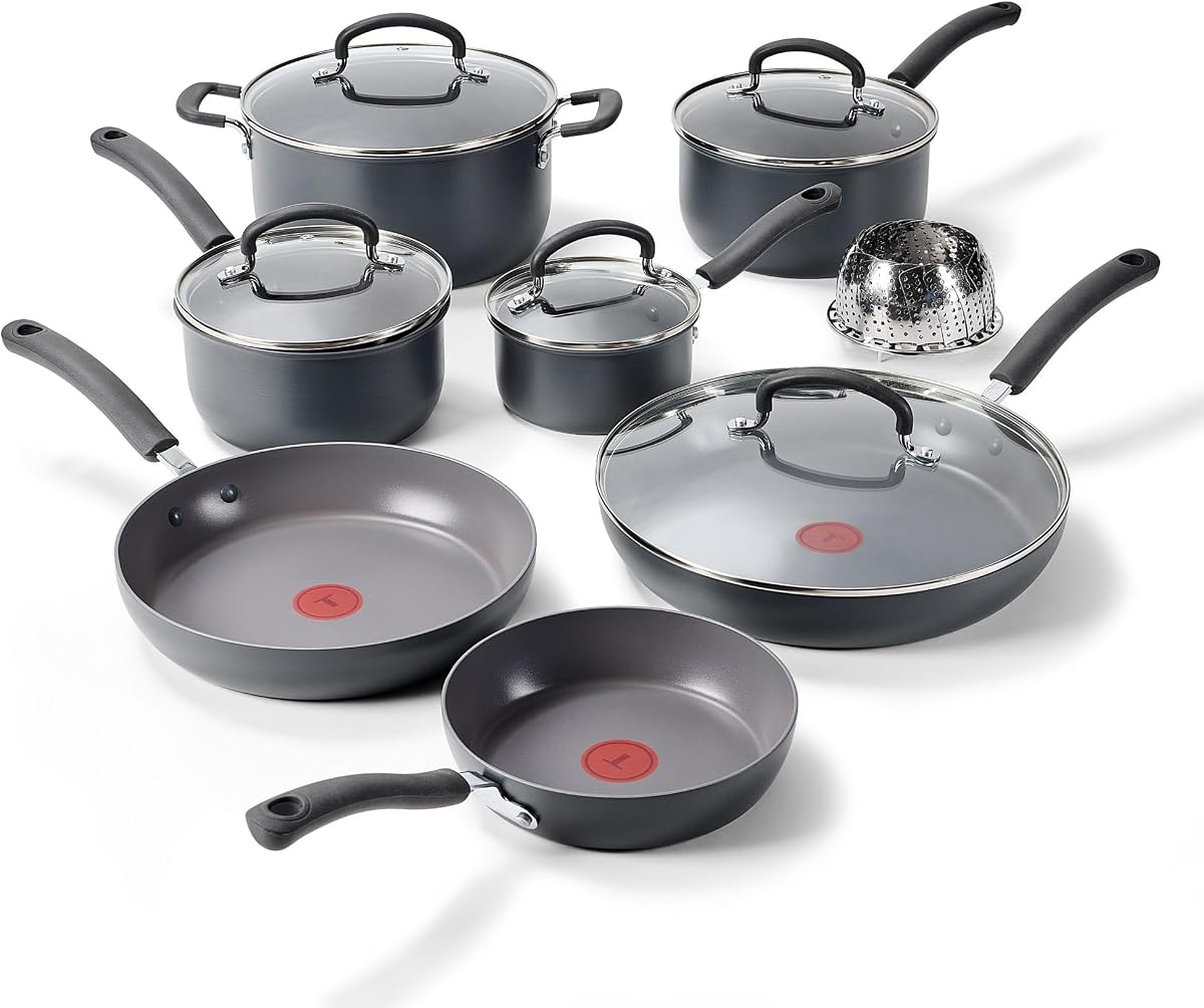 Juego de utensilios de cocina antiadherentes anodizados duros definitivos, ollas y sartenes de 13 piezas | Revestimiento antiadherente de titanio, indicador de calor Thermo-Spot, apto para horno hasta 400 °F, apto para lavavajillas, utensilios incluidos