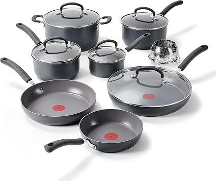 طقم أواني طهي T-Fal Ultimate Hard Anodized Nonstick مكون من 13 قطعة، آمن للاستخدام في الفرن حتى 400 درجة فهرنهايت، طقم أواني ومقالي، يتضمن مقالي للقلي، قدر، قدر كبير، أدوات طهي، حجر