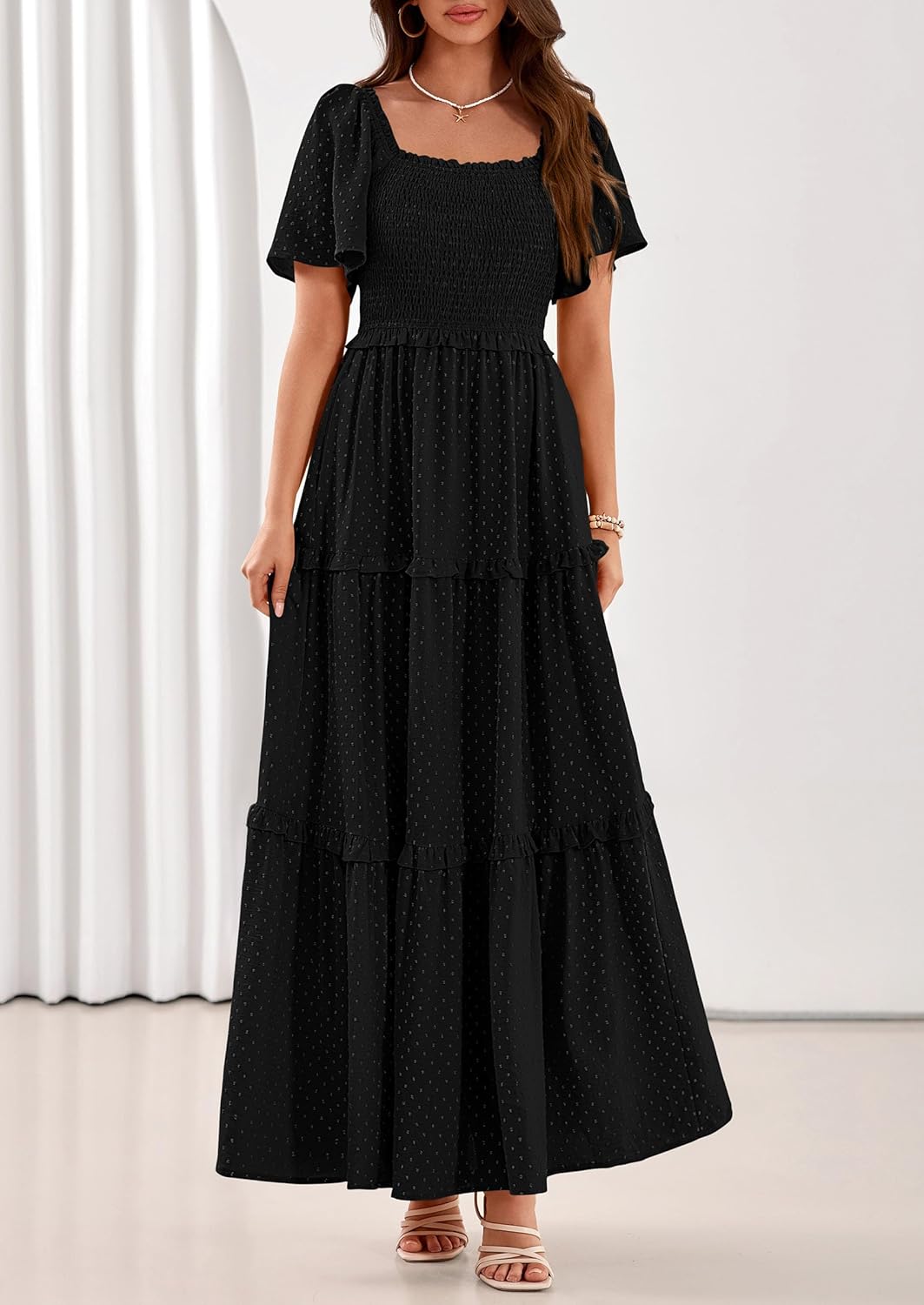 PRETTYGARDEN Summer Dresses for Women 2026 Boho Swiss Dot Smocked Square Neck Short Sleeve Spring Wedding Guest Maxi Dress - Image 6