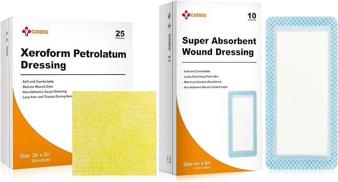 Carbou Medical Xeroform Petrolatum Dressing 2"x2" Pack of 25+Super Absorbent Wound Dressing 4"x 8" Pack of 10