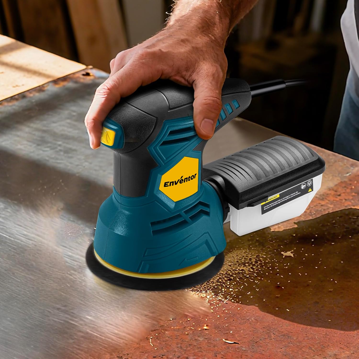Enventor 2.5A Random Orbital Sander, 300W 5-Inch Electric Orbital Sander Tool 6 Variable Speed, Max 13,000 RPM Palm Sander with 24 PCS Sandpapers, Dust Collector Box for Woodworking