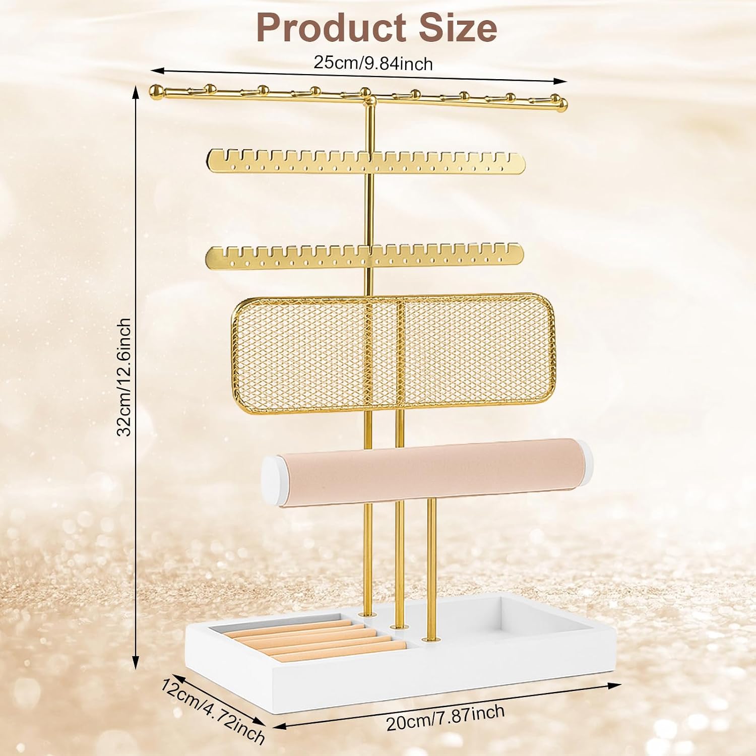 Dntorx 3-Tier Jewelry Stand Organizer, Beige Velvet Display | Velvet And Metal, 3-Tier Design, Ring Tray And Compartment, Easy Assembly, For Necklaces, Bracelets, Rings And Watches