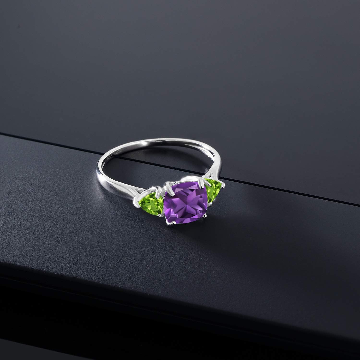 Gem Stone King 10K White Gold Purple Amethyst and Green Peridot 3-Stone Engagement Ring For Women (1.92 Cttw, 7MM Cushion and 4MM Trillion)