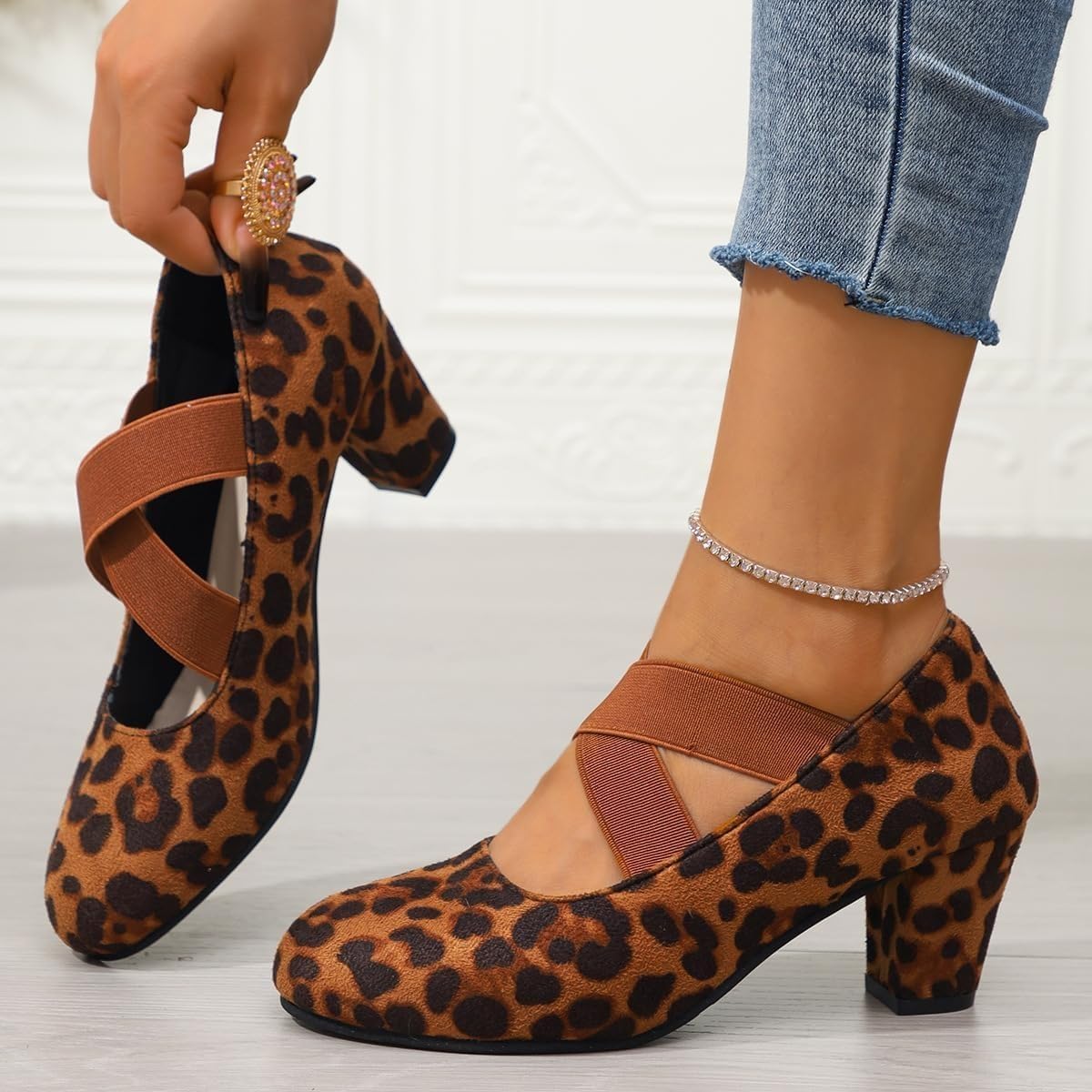 Tacones altos casuales con correa cruzada para mujer, tacones de bloque medio Mary Jane con correa al tobillo, zapatos de corte para mujer, zapatos de trabajo de apoyo cómodo, negro, 40 EU