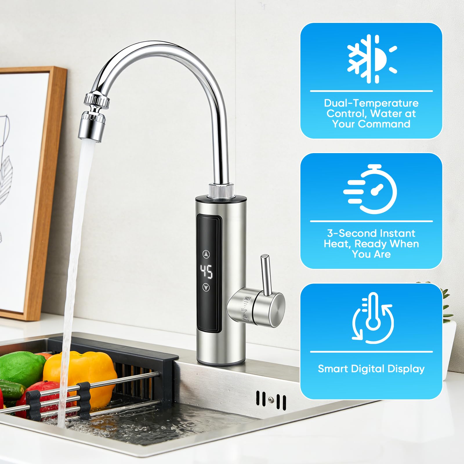 Robinet électrique 3,4 kW avec chauffe-eau instantané pour cuisine - Robinet d'eau chaude avec écran numérique (30-50 °C) - Bec pivotant à 360° et double jet - Eau chaude instantanée pour évier - 220