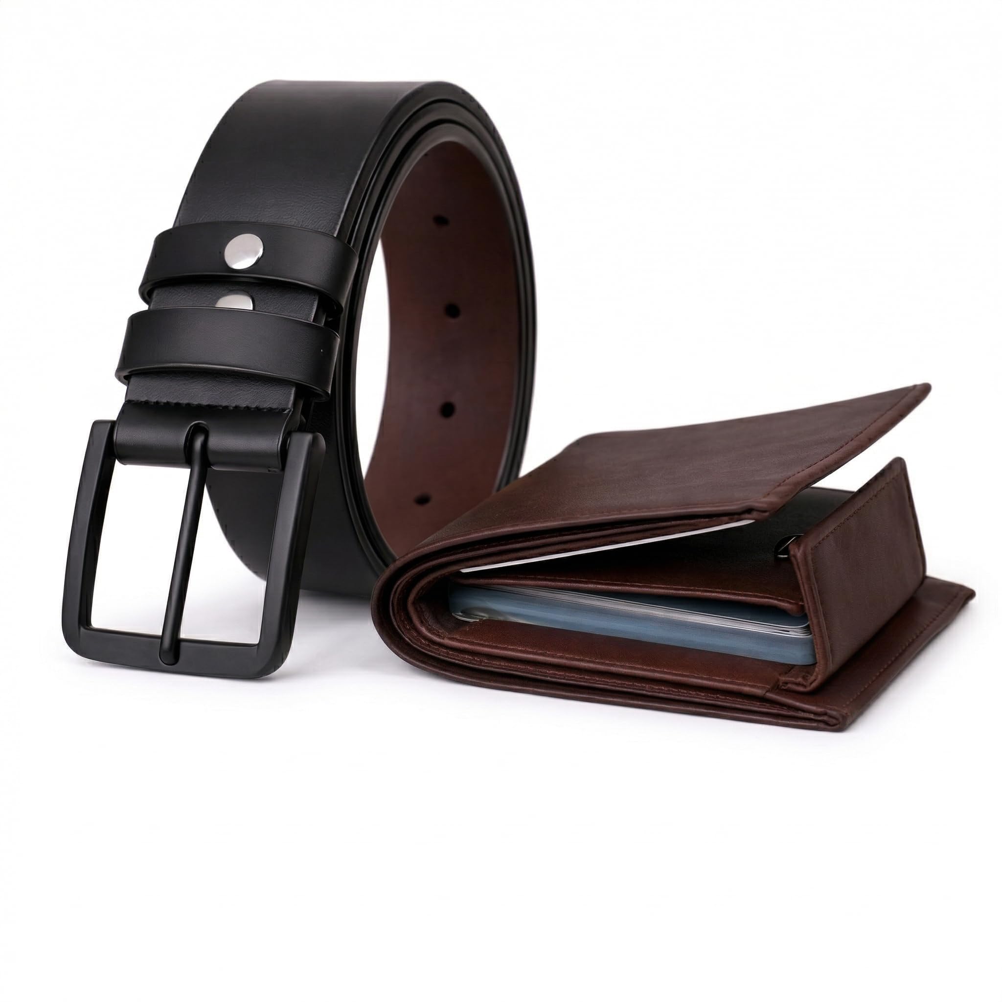 Men's Executive Black Artificial Leather Belt with Gold Ornate Shield Buckle-image-44