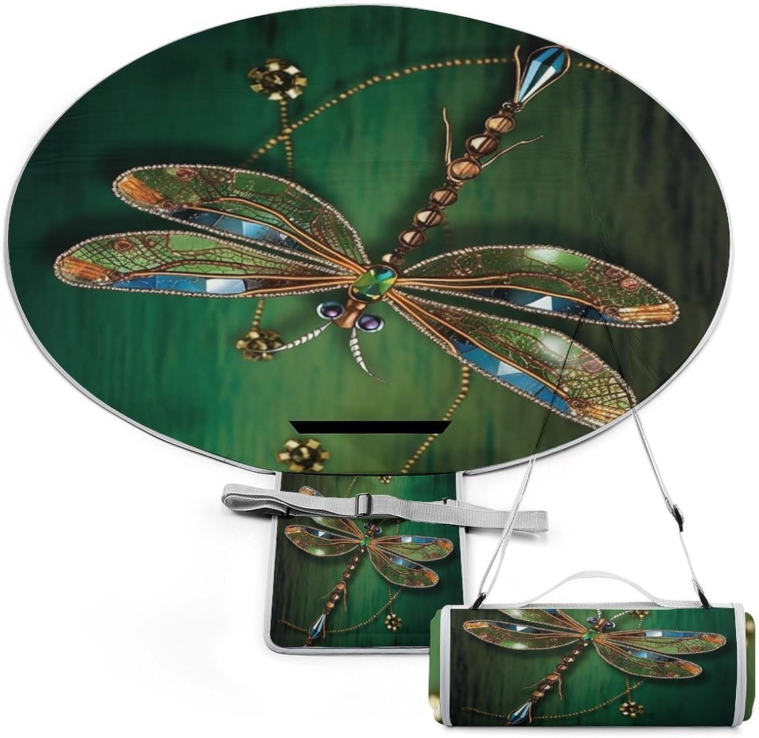 Jewel Dragonfly Round Outdoor Picnic Mat Foldable Waterproof Beach Camping Blanket Outdoor Rug with Sponge Padding