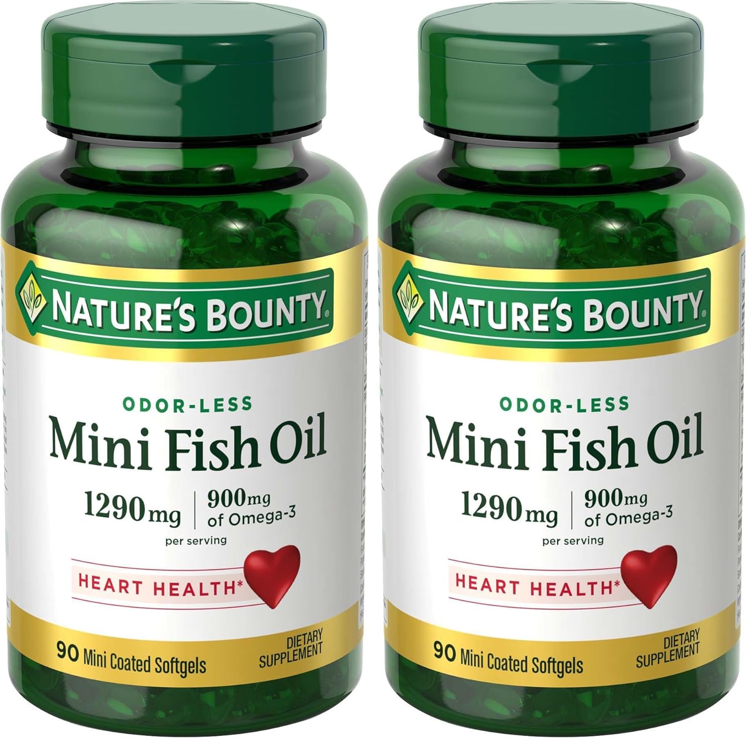 Nature's Bounty Mini Fish Oil Softgels 1290 mg, Omega-3, Supports Heart Health, Odor-Less, 90 Mini Coated Softgels (Pack of 2)