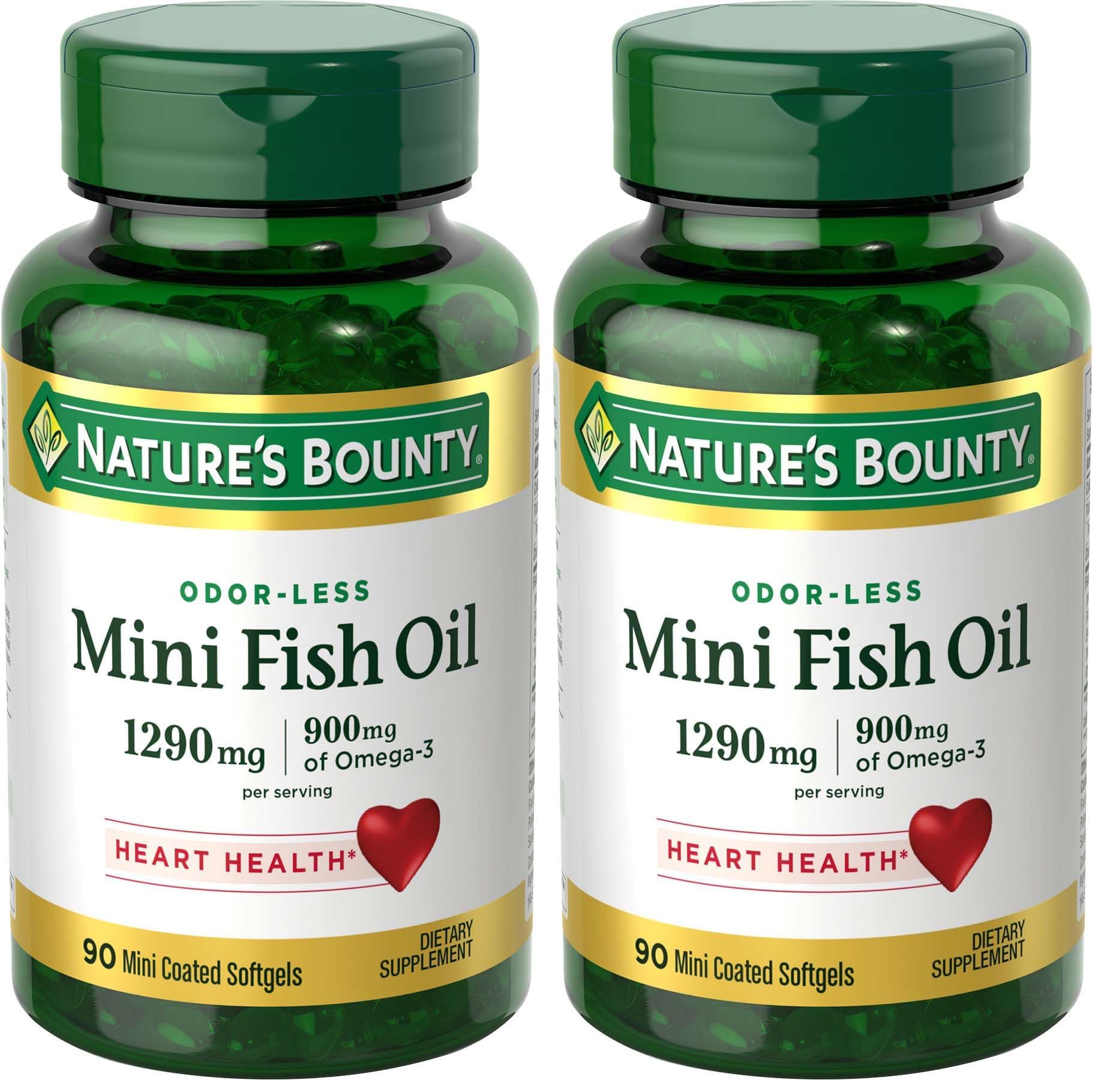 Nature's Bounty Mini Fish Oil Softgels 1290 mg, Omega-3, Supports Heart Health, Odor-Less, 90 Mini Coated Softgels (Pack of 2) 90 Count (Pack of 2)
