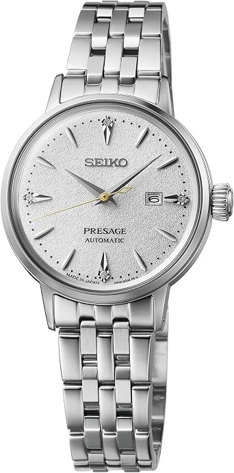 Seiko SRE017 Presage Womens Cocktail Time Automatic Watch White Dial Diamond Stainless Steel Bracelet 50M Water Resistant