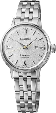 SEIKO Presage Womens Cocktail Time Automatic Watch, White Dial with Diamonds, Stainless Steel Bracelet, 50M Water Resistant