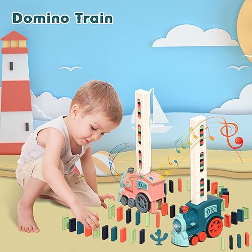Miniatura 8 de Juego de juguetes de tren de dominó para niños, 100 piezas automáticas de bloques de dominó, juguetes de construcción y apilamiento, juegos