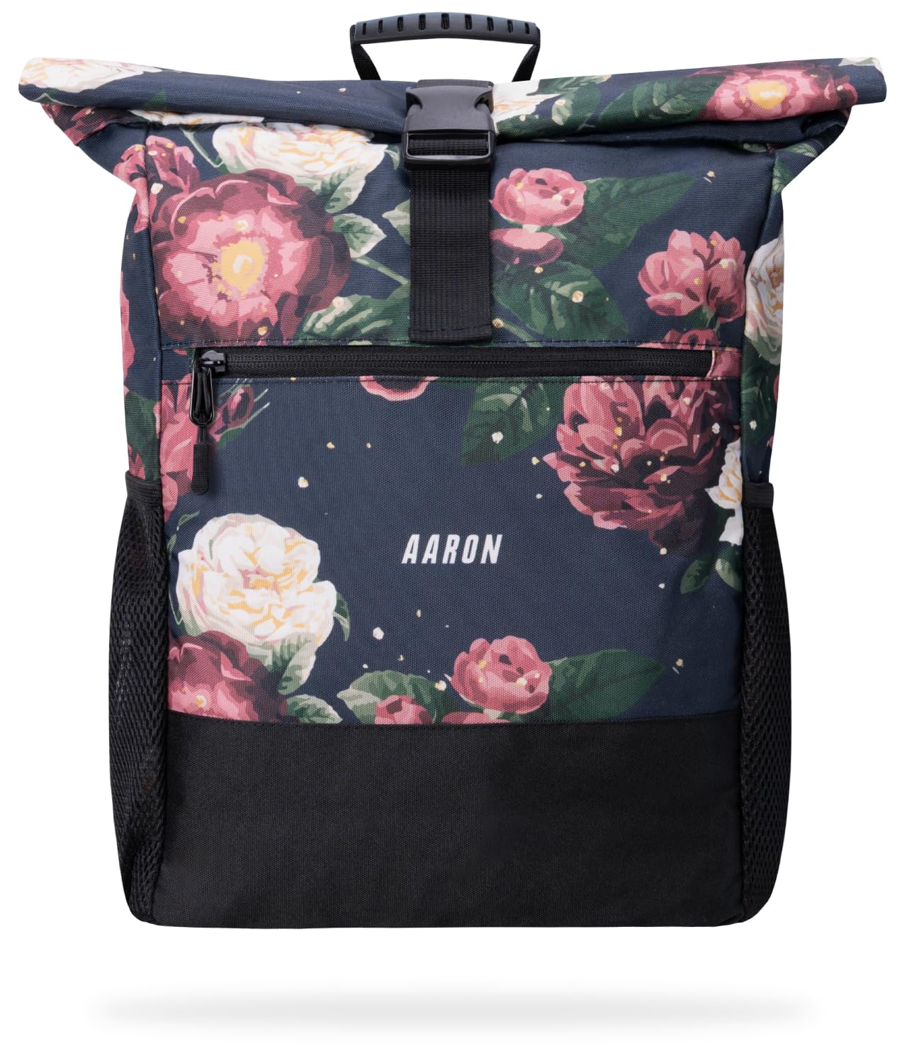 AARON Backpack for Men and Women, Beautiful and Practical, for University, Travel, Leisure, Job, Rolltop Backpack with Laptop Compartment and Anti-Theft Bag, Black and Flowers, Sea Of Flowers, 18-26L