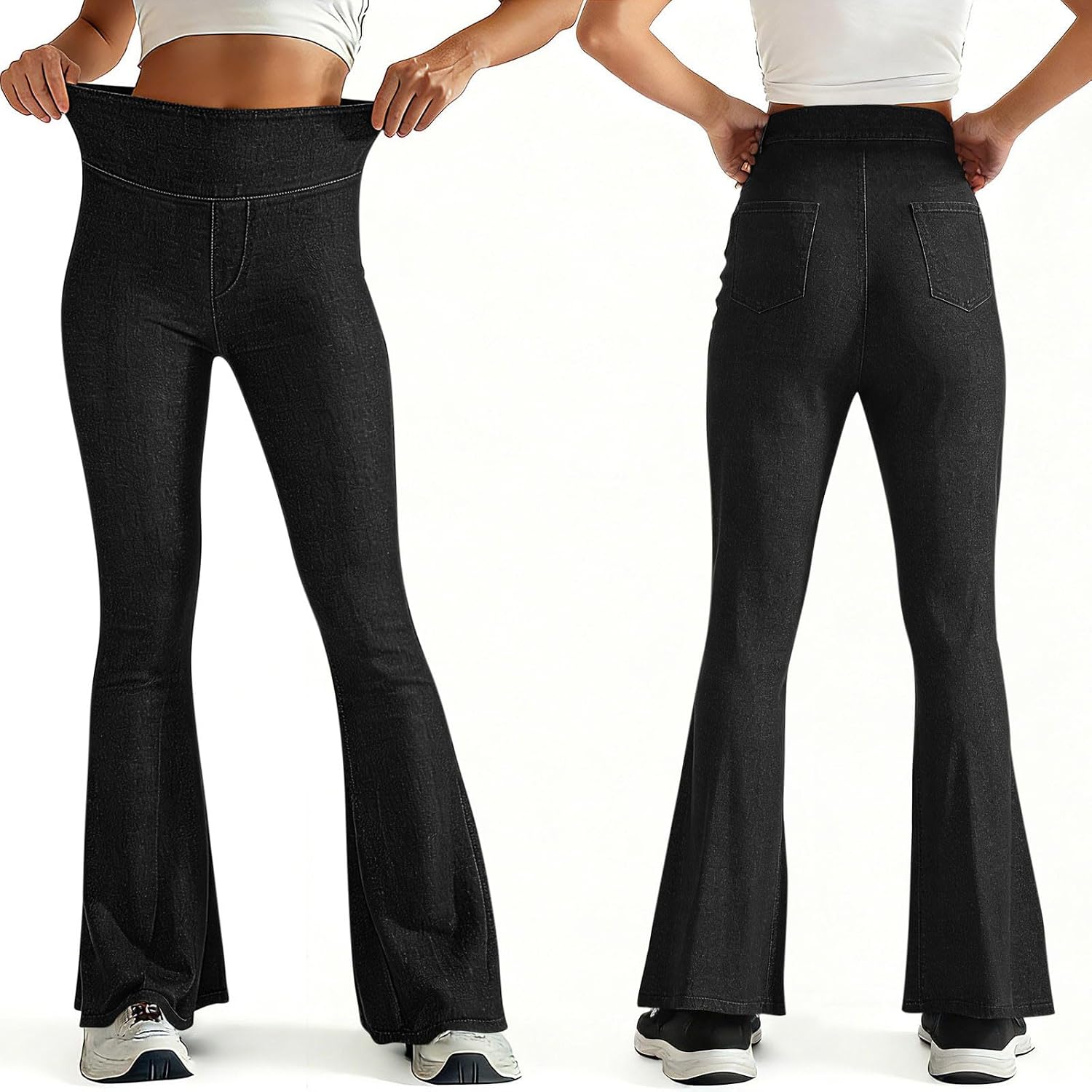 Women's High Waisted Flare Pants Fitted Stretchy Pull On Bell Bottom Jeggings Gym Yoga Bootcut Pants with Pockets