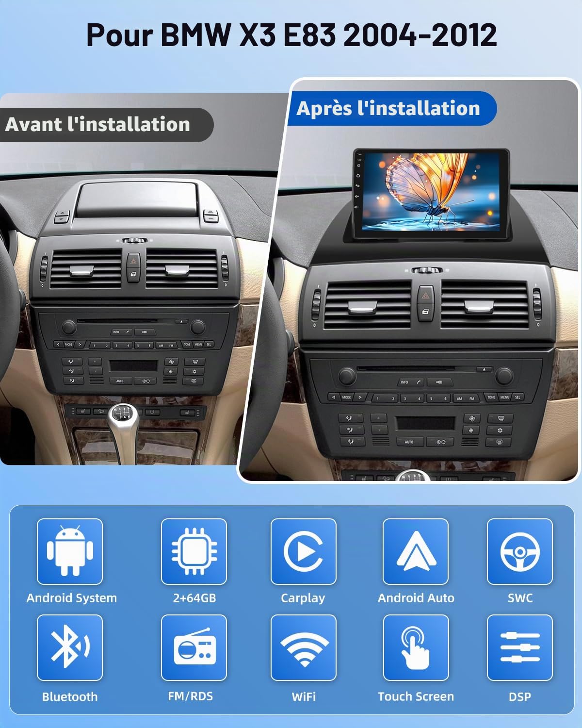 NHOPEEW Autoradio Android 2G+64G pour BMW X3 E83 2004-2012 - sans Fil Carplay & Android Auto - Stéréo Android 9 Pouces avec WiFi EQ GPS Mirror Link FM RDS + AHD Caméra de recul&Mic