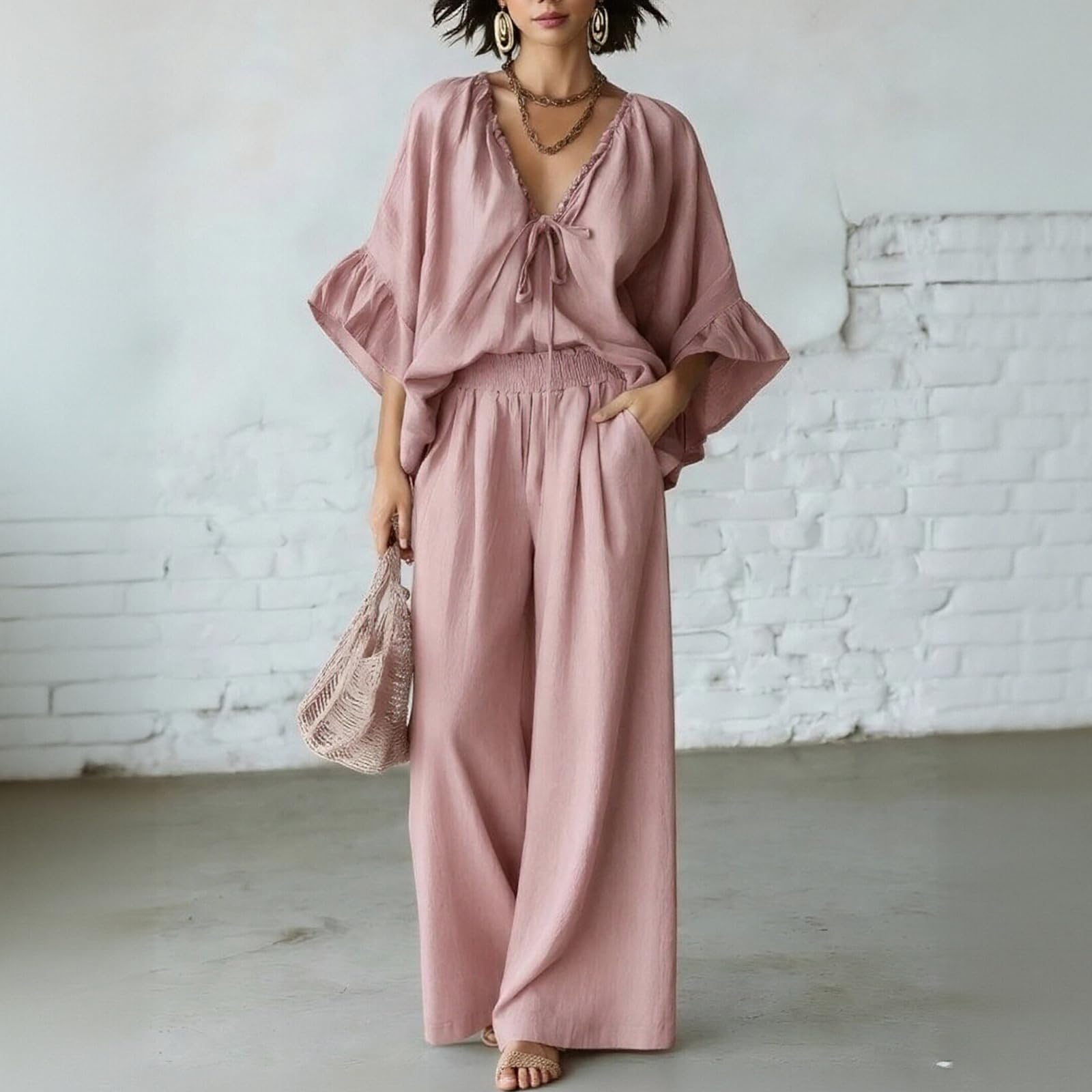 Generisch Zweiteiler Damen Sommer Boho Lounge-Sets Lotusblütenärmel Oberteil Und Hose 2 Teiliges Mit Taschen Outfits, S-2XL