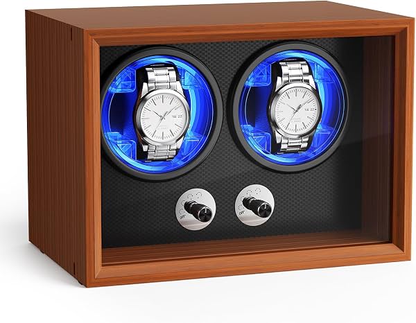 Enrollador de relojes doble Beolisave para relojes automáticos, caja de madera para relojes automáticos con control dual independiente, motor silencioso de sueño, almohadilla suave y LED azul, regalo para hombres y amantes de los relojes