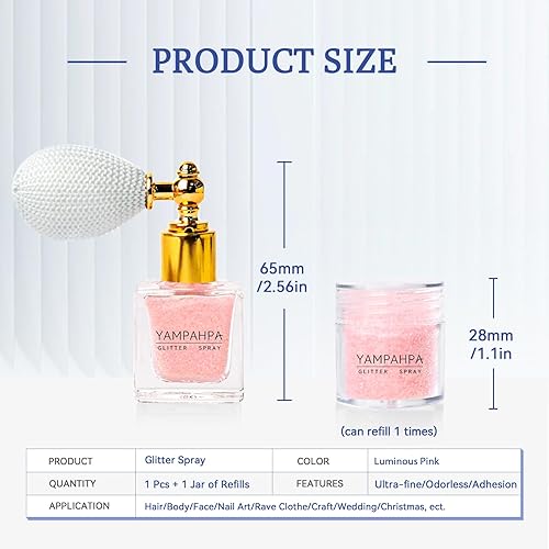 Vista 4 de Spray de purpurina corporal, spray de purpurina rosa luminosa para cabello y cuerpo, incluye 1 tarro de recambios Rosa luminoso + 1 botella
