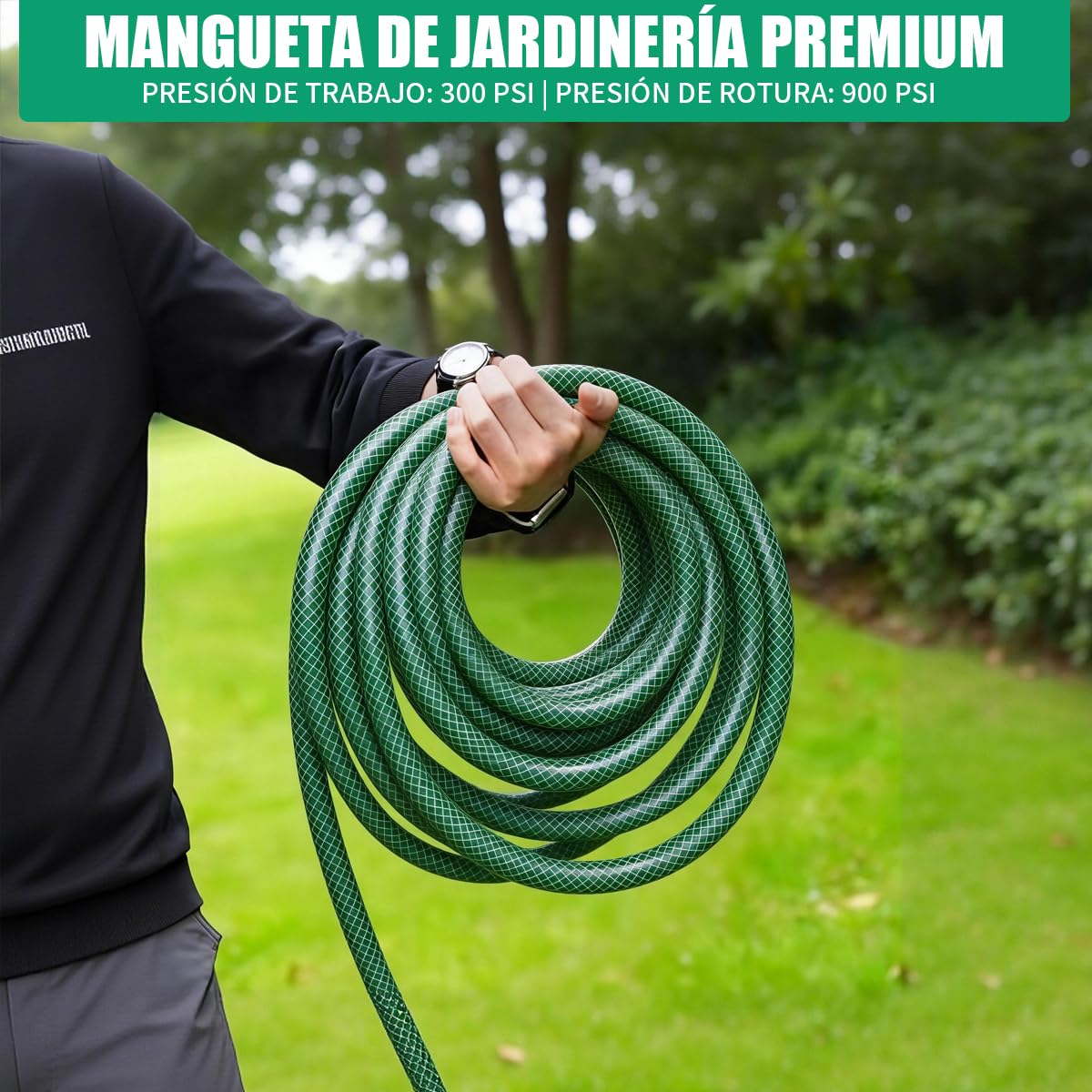 SET - Manguera de Jardín 30M 3/4" Reforzada con Triple Capa, con Conectores Rápidos, Adaptadores y Pistola de Riego, Resistente y Flexible