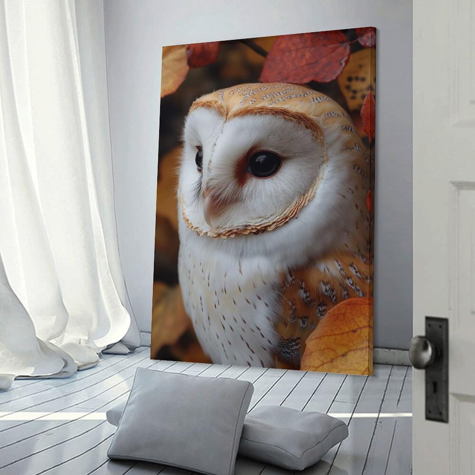 Junmoney Frame-Style-24-1 Barn Owl Portrait In Autumn Leaves Home Decor Wall Art, 16X24inch(40X60cm), For Wall Displays, Bedrooms Or Room Updates, Ideal For Building A Coordinated Art Wall