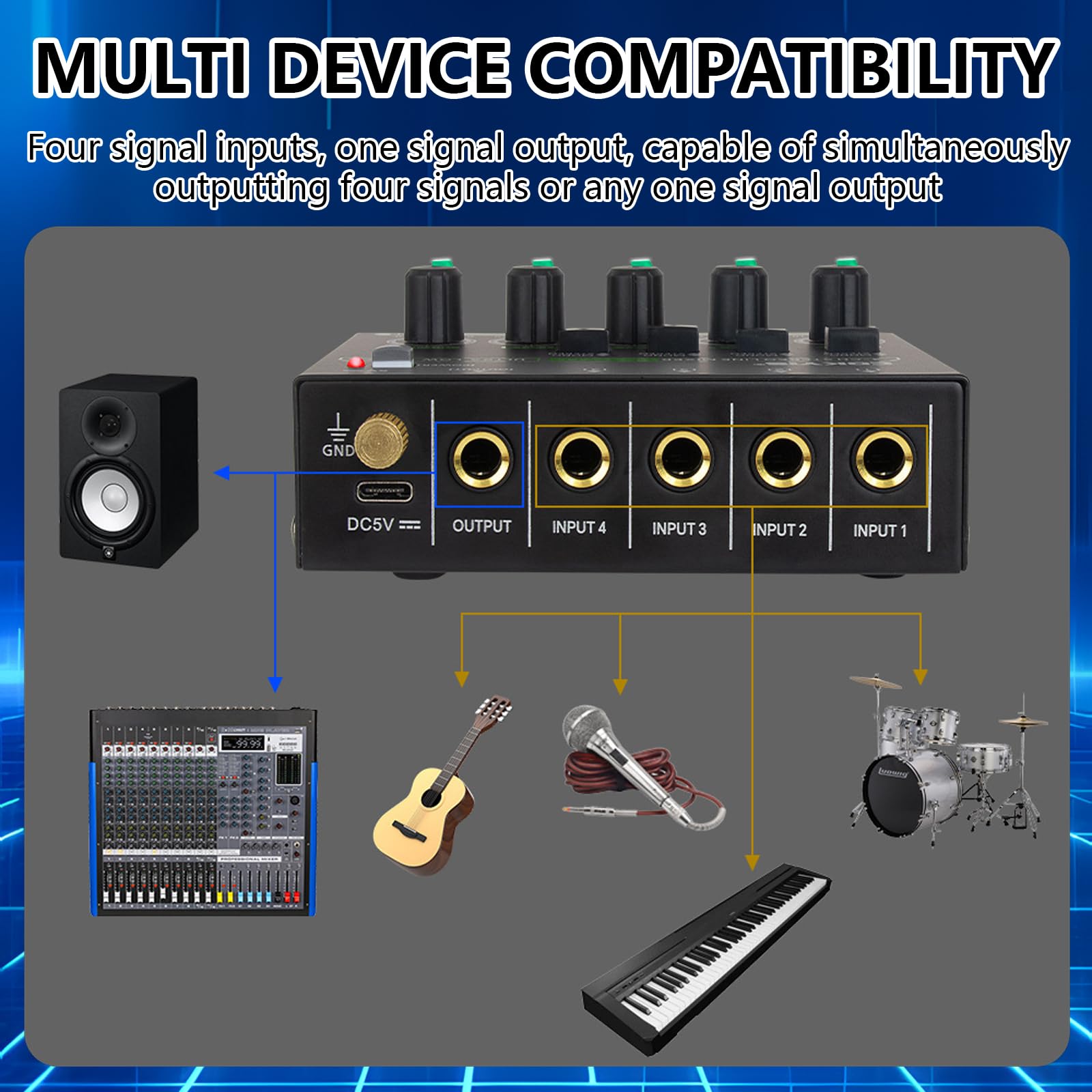 4 Kanal Stereo Audio Mixer, Mischpult 4 Kanäle 6,35mm Audiomischer mit 4 Eingänge und 1 Ausgang Type-C Aufladen Audiomixer für Bandauftritte Bühnenauftritte Instrumentenübungen Musikaufnahmen