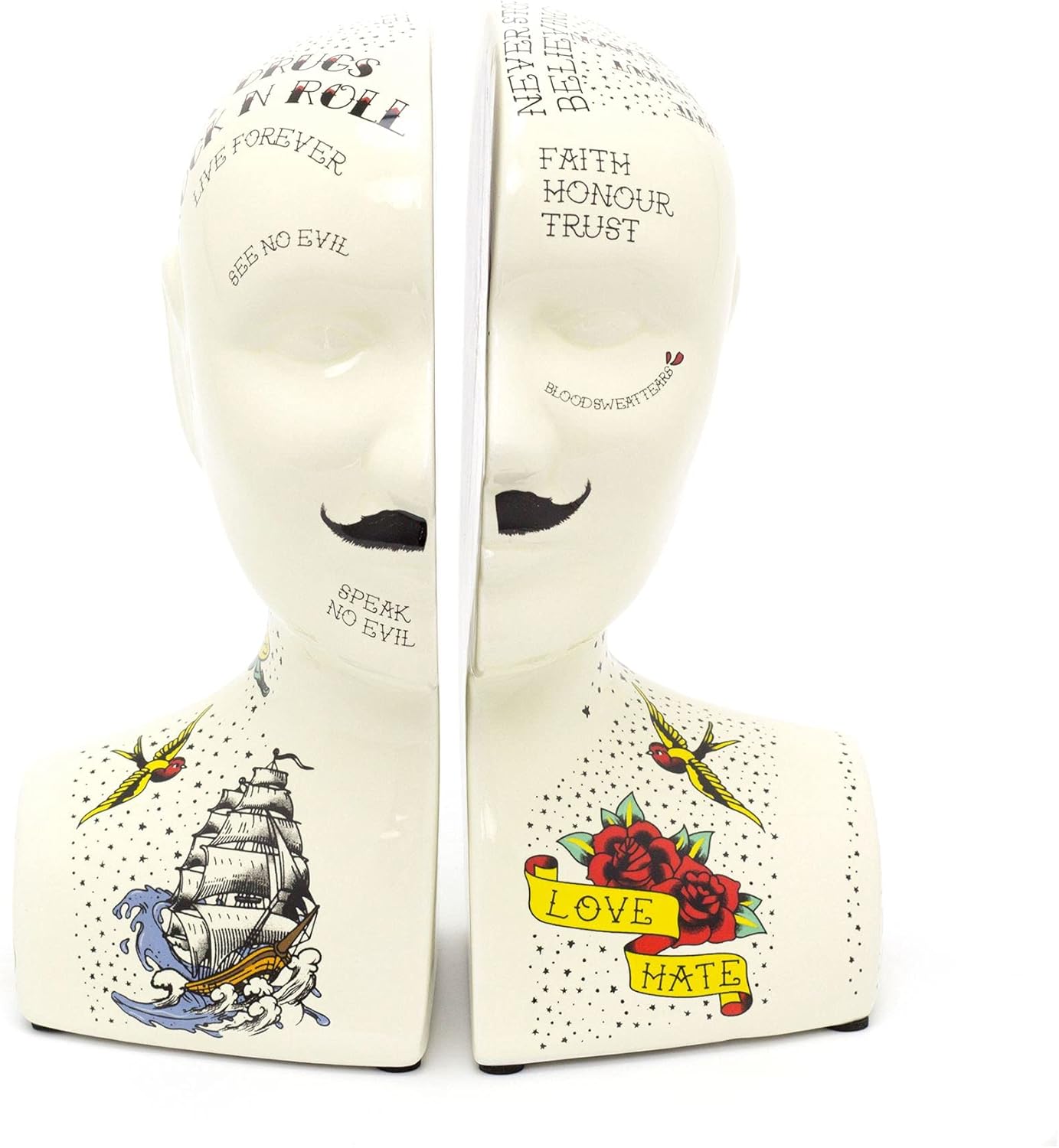 Novelty Ceramic Phrenology Bookends Vintage Tattoo Head Book End Set