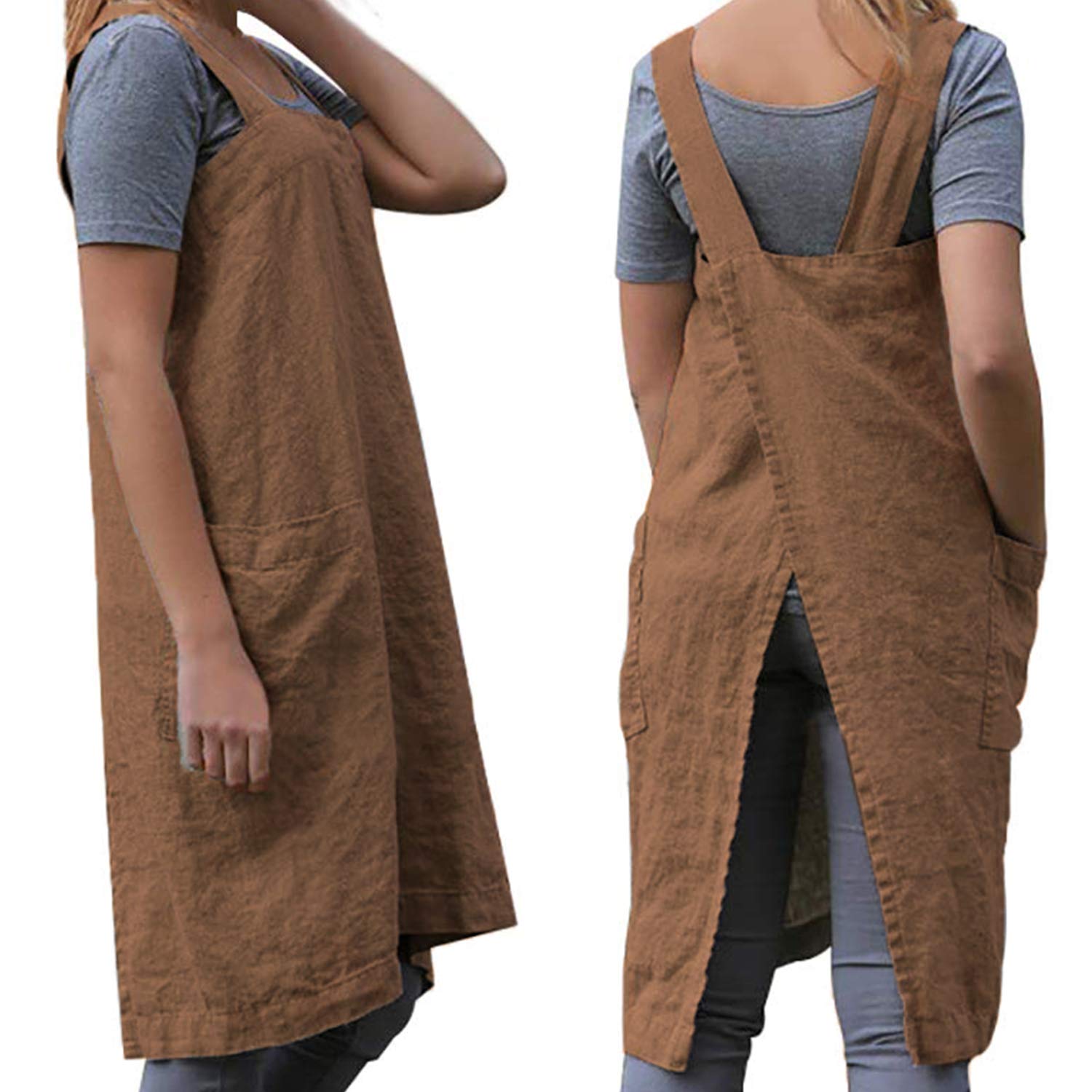WROLEM Women's Practical Cross Back Pinafore Apron with Large Pockets Home Kitchen,Restaurant,Coffee House,Cooking,Gardening, Brown, XXXL — image 1