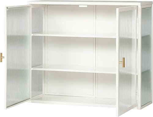 Miniatura 4 de Armario de pared de doble puerta de vidrio estilo retro con estantes desmontables para oficina, comedor, sala de estar, cocina y baño, color blanco