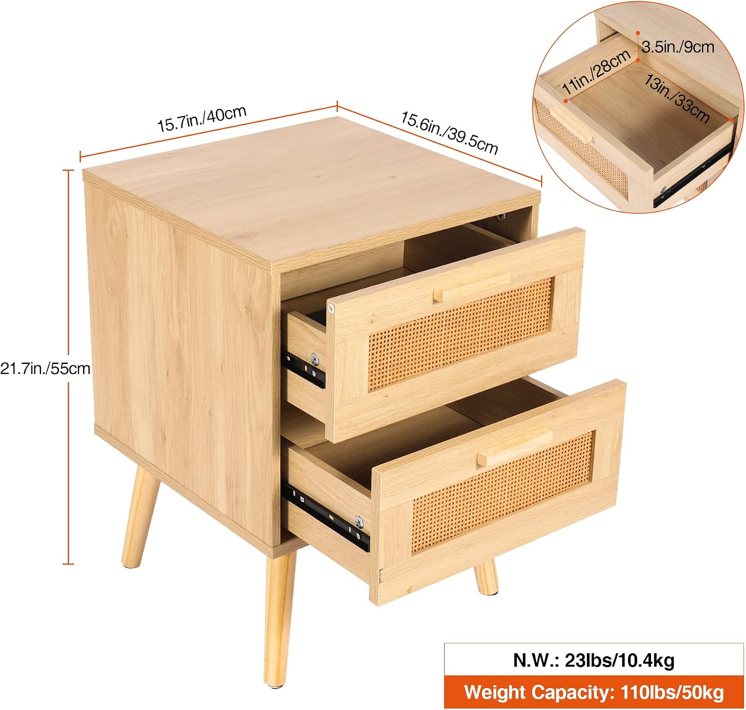 RELAX4LIFE Mesita De Noche De Ratán Con Cajón: Estilo Bohemio Natural, Pata De Pino Macizo (40x40x55cm)
