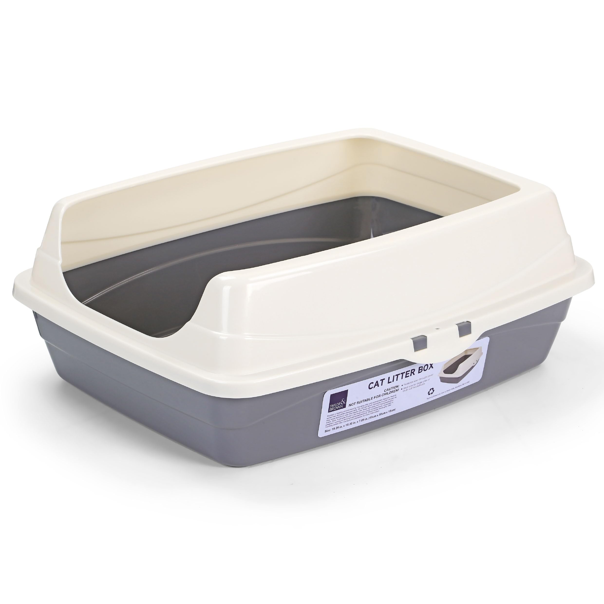 Taylor & Brown Tall Open Top Cat Litter Tray - Large Cat Kitten Toilet Box with Detachable Rim, Non Stick Surface, Anti-Scatter Design, Easy Entry, Durable Plastic, Grey & White