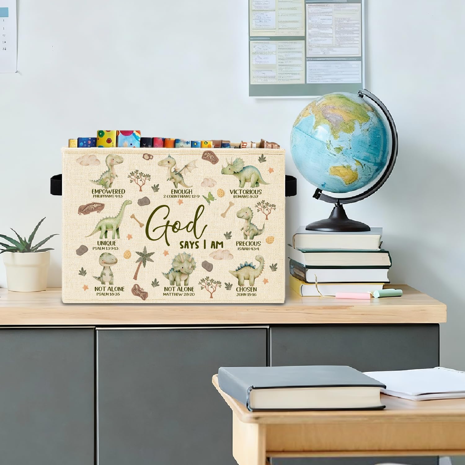 Christian Dinosaur Storage Bins Box with Handles, God Says I Am Bible Verse Dinosaur Collapsible Basket Hamper Clothes Toys Organizer for Playroom Bedroom Home