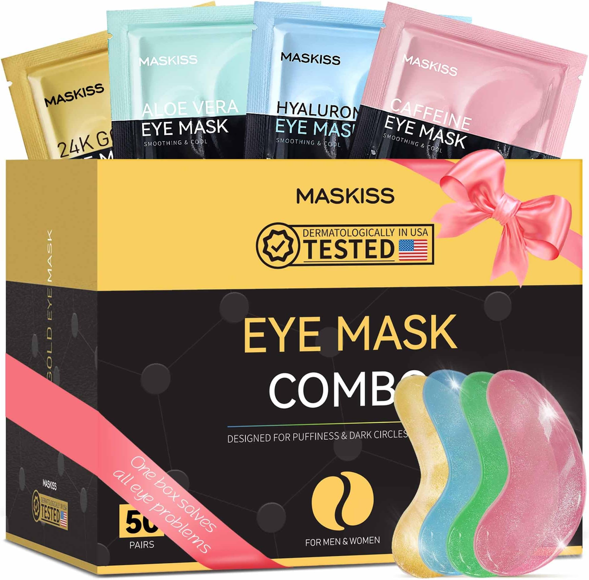 Maskiss Under Eye Patches(50 Pairs), 24K Gold, Caffeine, Hyaluronic Acid, Aloe Vera Eye Masks for Dark Circles Puffy Eyes Undereye Bags, Eye Skin Care Gift Set for Bachelorette Party Favors