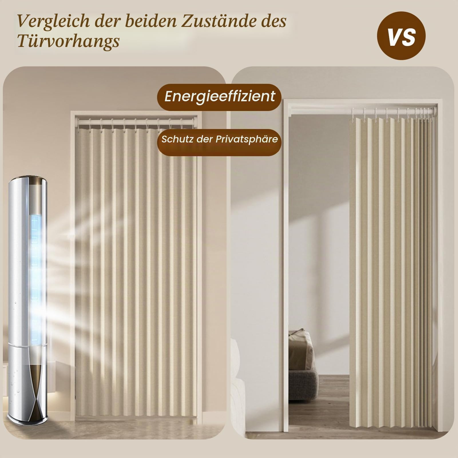 Türvorhang Blickdicht Magnetische Vorhänge, Raumteiler Faltvorhang für unsichtbare Türen, Thermo Türvorhang Kälteschutz, zum schieben, Wärmeisolierend, 280g/m², 1 Stück, Beige, 100x200cm