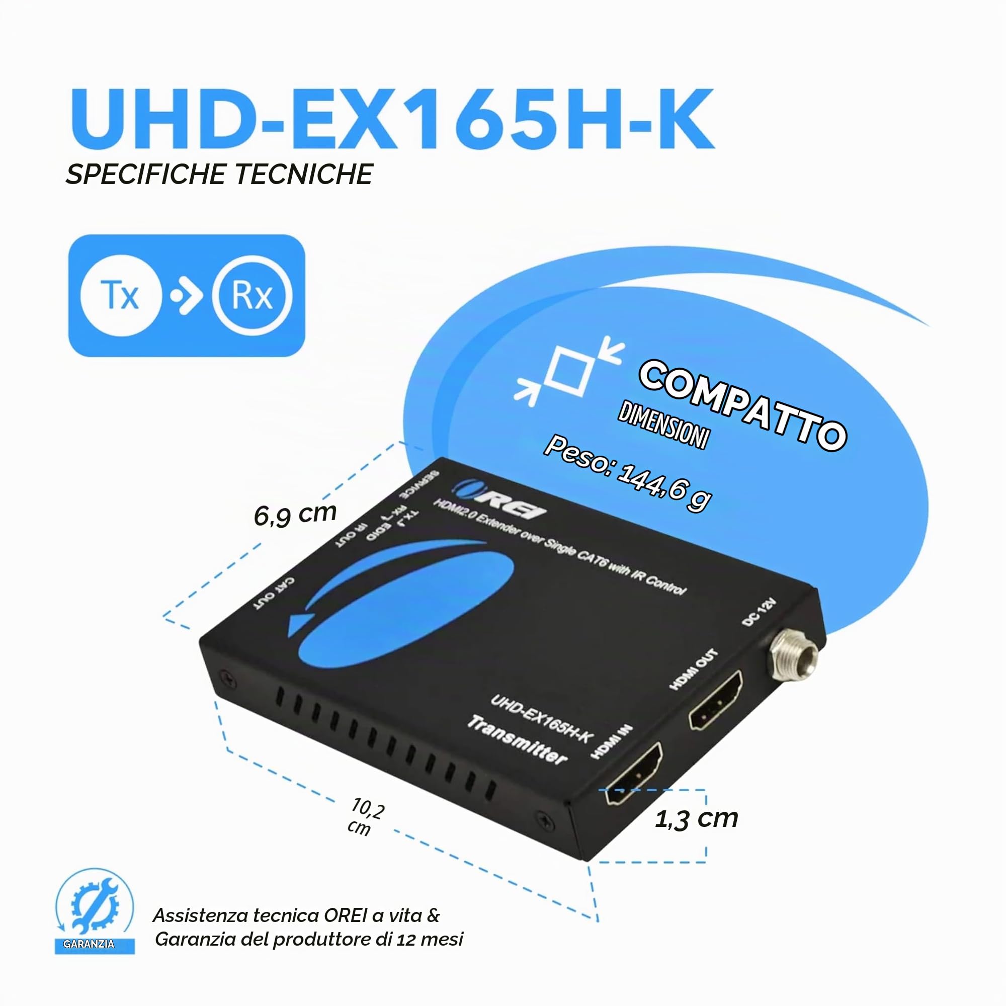 OREI Extender HDMI UltraHD su cavo singolo Cat6/Cat7 4K @ 60Hz con controllo HDR e IR - Gestione EDID fino a 50,3 m