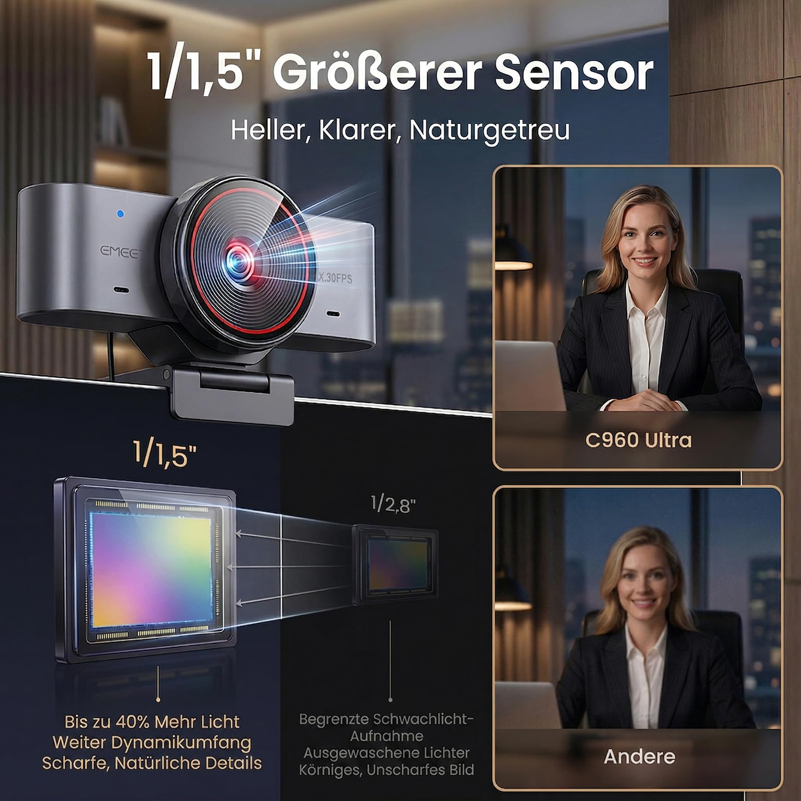 EMEET C960 Ultra Webcam 4k for MAC, USB Web Kamera für Streaming & Teams | 4K UHD 1/1.5" Sensor｜PDAF Fokus｜Alu-Gehäuse & USB-C｜Sichtschutz｜Teams & Whiteboard-Modus｜1080P@60FPS Streaming