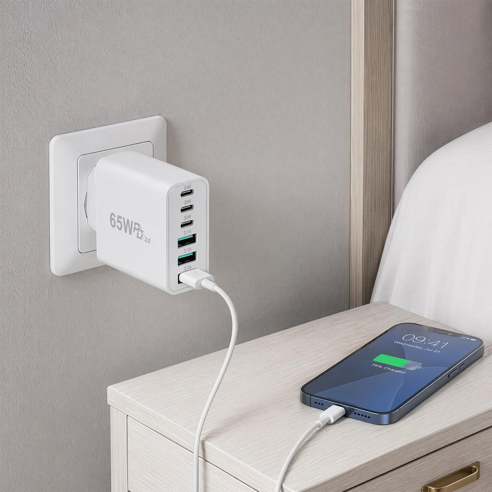TNSLAND ładowarka USB C 65W, wieloportowe ładowarka USB 6 portów, ładowarka USB C szybka, wielokrotne gniazdo USB C z systemem ochronnym, adapter ładowania do iPhone, Samsung, tablet, laptop, biały