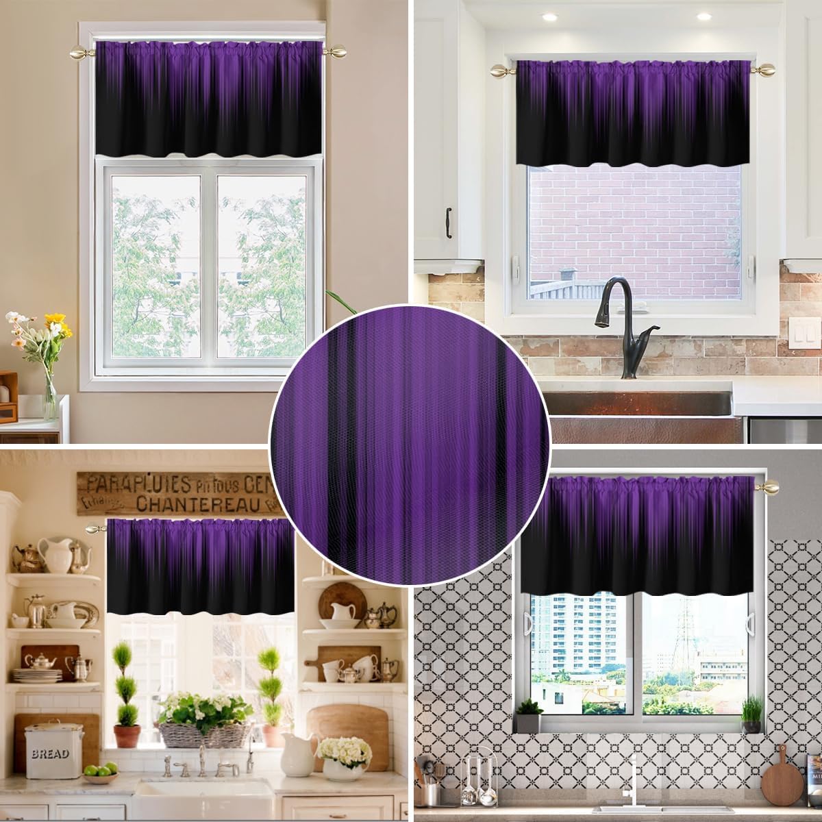 AAtter Purple and Black Kitchen Valance Curtain for Window Abstract Ombre Gothic Lavender Elegant Small Short Home Living Room Bedroom Bathroom Drape Fabric 2 Piece, 52" W x 18" L*2, Gradient